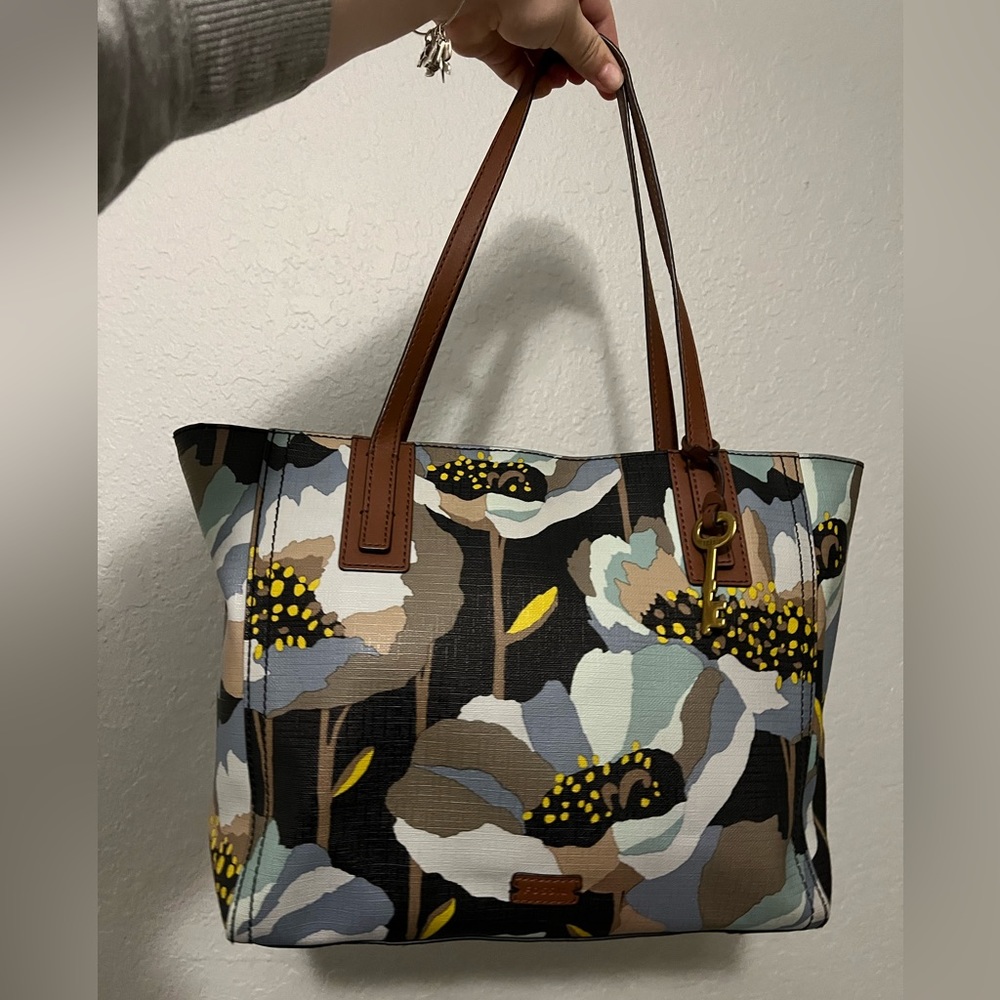 Fossil Satchel Tote Bag Laptop Bag Work Bag - Blue Green Floral